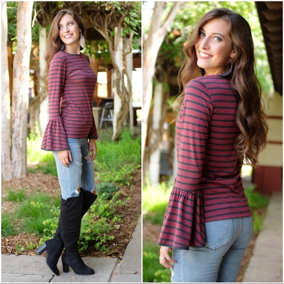 ✨LAST ONE ✨ Burgundy Gray Striped Bell Sleeve Top - Picture 2 of 3